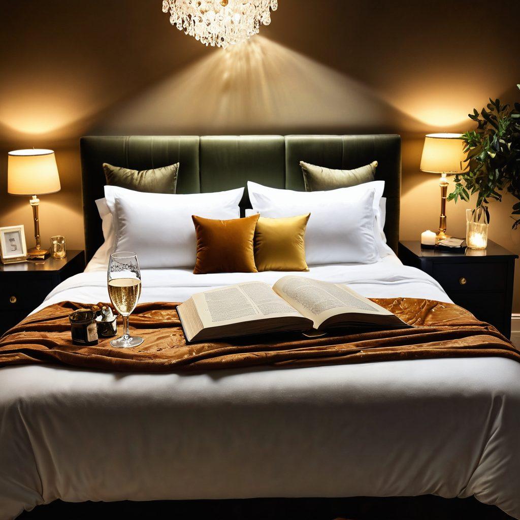 A mysterious and inviting bedroom scene, with soft lighting casting shadows on plush bedding, featuring enticing silhouettes of sparking champagne glasses, tasteful lingerie, and decor that suggests intimacy. Incorporate subtle elements of curiosity, like an open book on the nightstand hinting at exploration and discovery. Create a warm, inviting atmosphere that encourages a sense of adventure and allure. super-realistic. soft lighting. warm colors.
