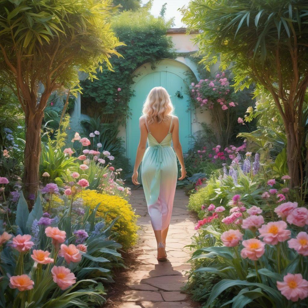 A whimsical garden filled with lush, colorful flowers symbolizing innocence, gradually blending into more exotic and alluring plants represent sensuality. In the foreground, a playful figure navigating this journey, expressing curiosity and wonder, with a subtle hint of mischief in their expression. The atmosphere is lighthearted yet enchanting, inviting the viewer to explore the transition from naive to kink. pastel colors. dreamy. surreal art.